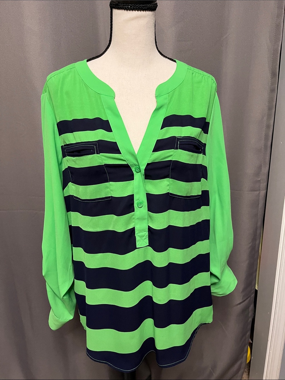 New York & Company Bright Green and Navy Striped V-Neck Blouse
